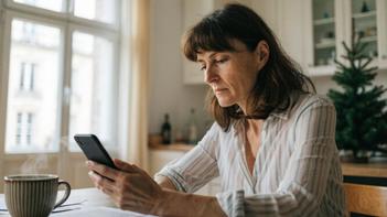 Une femme consulte son compte bancaire sur son smartphone à la table de sa cuisine pour vérifier sa demande de prime de Noël